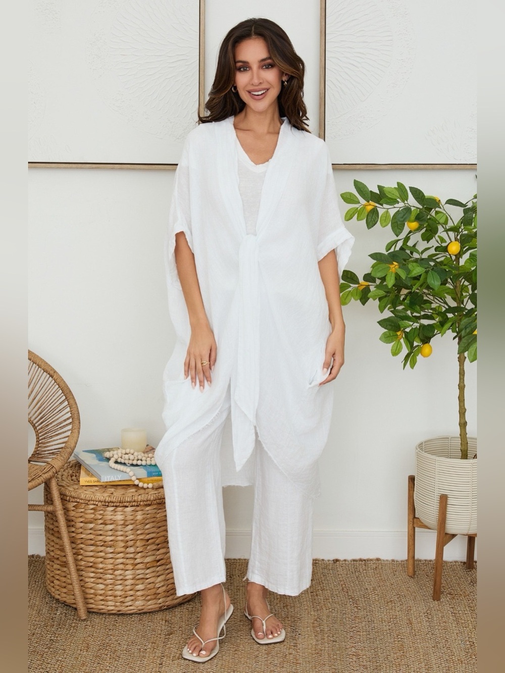 (155153/E3150-WHT) LINEN FRINGE HEM TIE-FRONT KIMONO WITH POCKETS